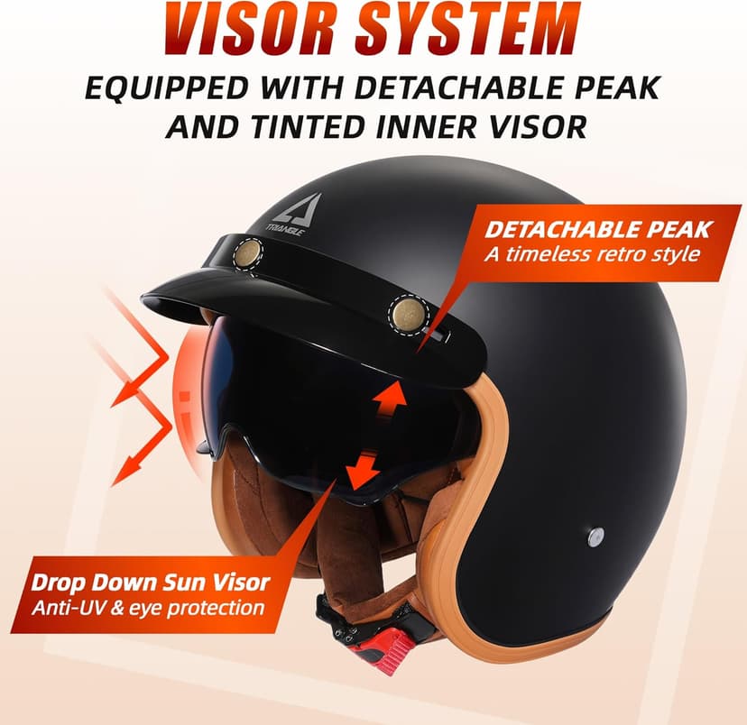 TRIANGLE 3/4 Motorcycle Helmet,Retro Open Face Adults Helmets with Visor,Half Face Moped Helmet for Men & Women,DOT Approved Helmets for Cruiser Scooter(L)