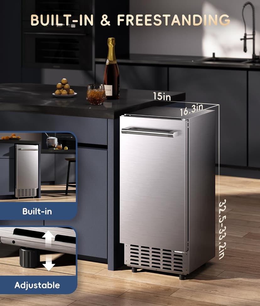ecozy Under Counter Nugget Ice Maker Machine, Bulit-in & Freestanding, Horizontal Handle, Reversible Door, 66 Lbs/Day, Thickened Viewing Glass Window, Self-Cleaning & 24H Timer, Stainless Steel