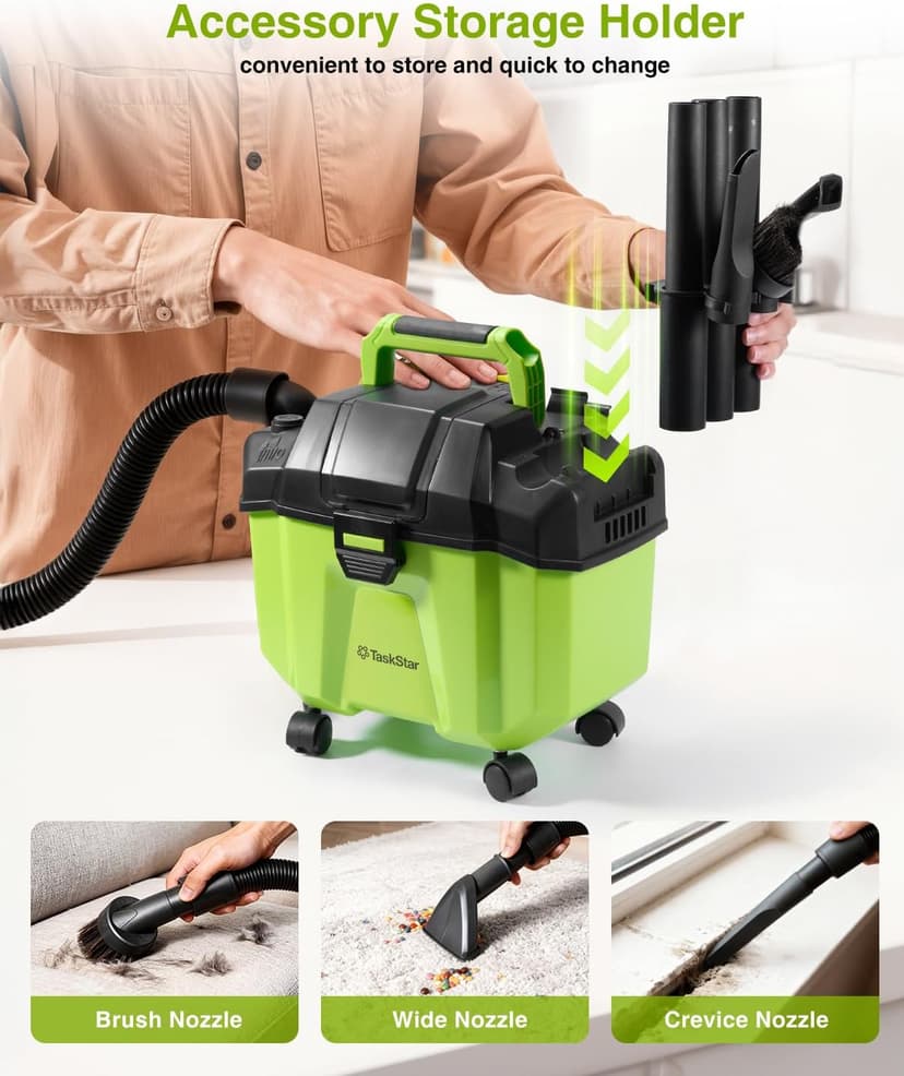 TaskStar Cordless Shop Vac, 2.6 Gal 2x4.0Ah Battery Powered Shop Vac, 3-in-1 Cordless Shop Vacuum Wet and Dry with Strap, 4 Wheels, Accessory Storage Holder, Ideal for Garage, Car, Workshop