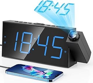Digital Projection Alarm Clocks for Bedrooms - Large LED Display, 180° Rotatable Projector, 5-Level Dimmer,USB Charger,Battery Backup,Loud Dual Alarms for Kids Elderly,Heavy Sleepers,Snooze,12/24H,DST