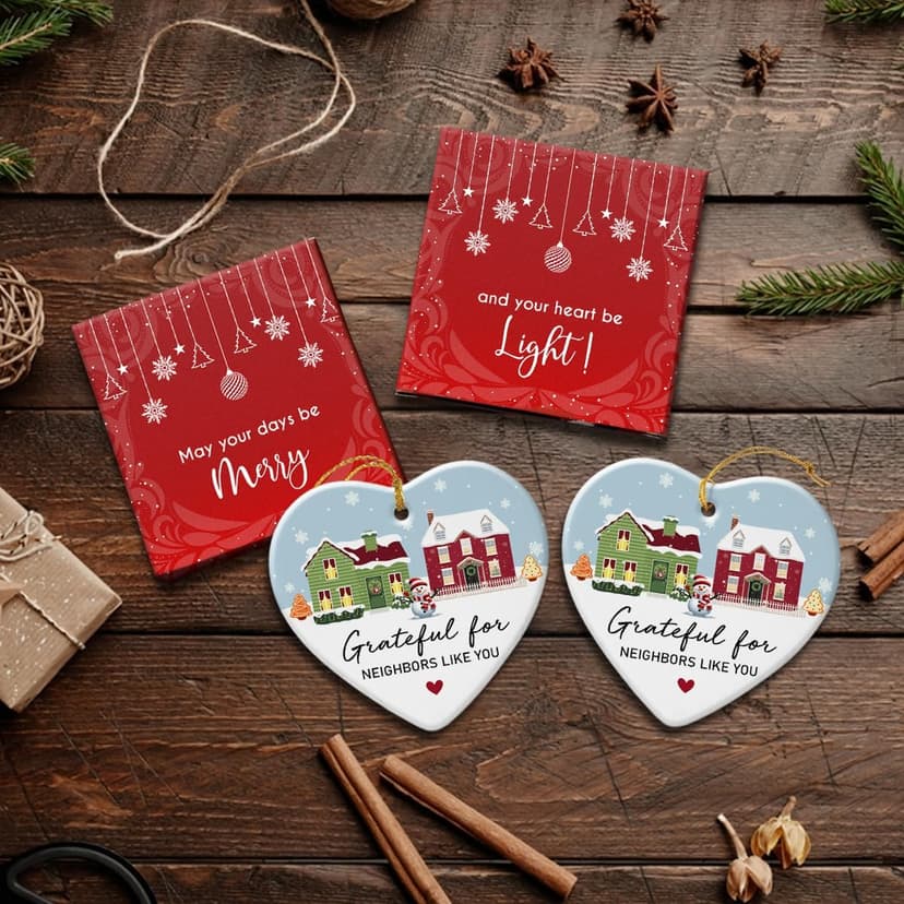 Neighbor Gifts Christmas Ornaments 2025 - Birthday Gifts for Neighbors, Friends, Women, Men, The Neighbors Favor, Christmas Tree Decorations Heart-Shaped Ceramic Ornament