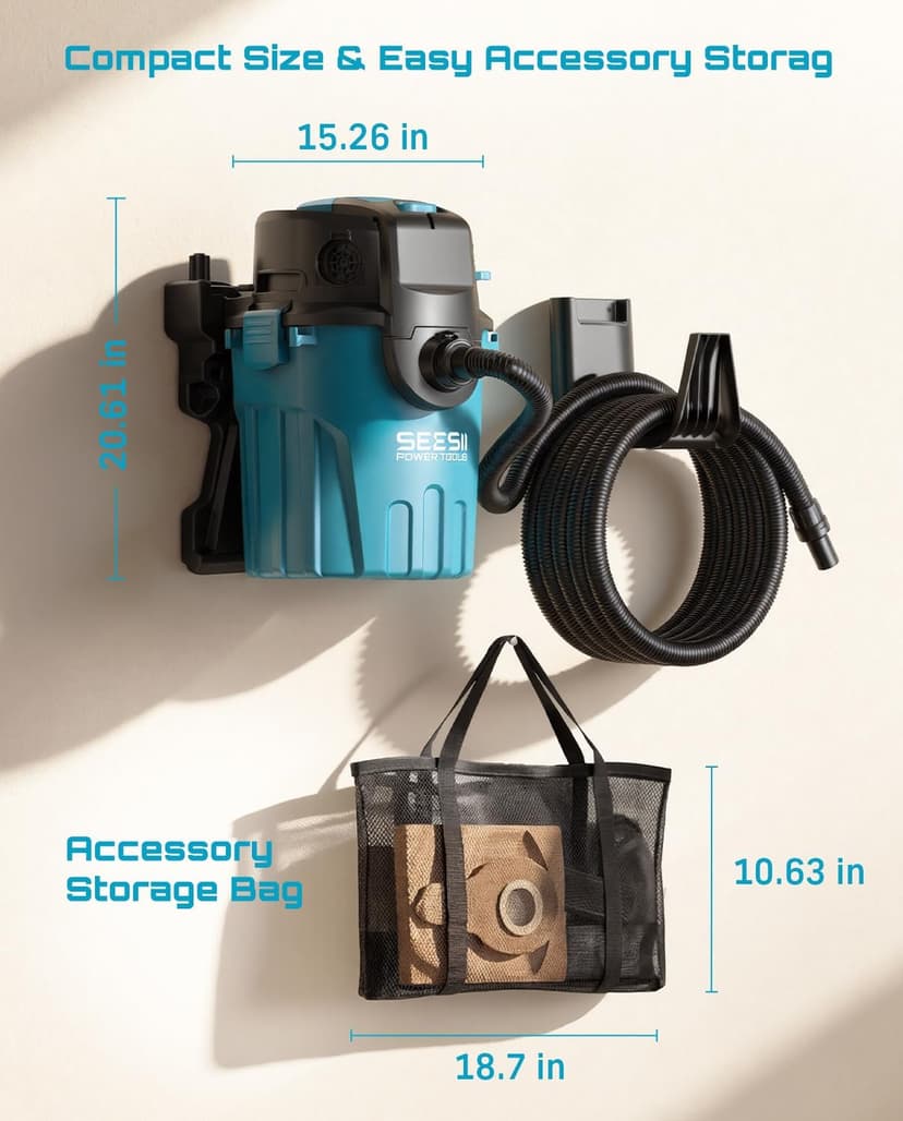 Seesii Garage Vacuum Wall Mounted Shop Vac, 6.6 Gallon 5.5 Peak HP Shop Vacuum Wet and Dry with 30Ft Flexible Hose, Attachments, Storage Bag, Cartridge Filter Ideal for Garage, Car, Workshop, Home