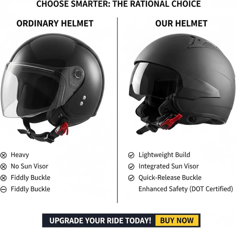 Westt Open Face Motorcycle Helmet, 3/4 Motorcycle Helmet DOT Approved, Lightweight Moped Helmet with Built-in Sun Visor, Quick Release Strap, Removable Washable Liner, Scooter Helmet for Adults