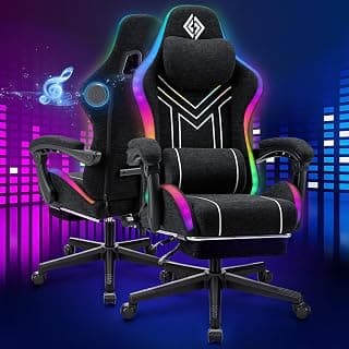HOFFREE RGB Gaming Chair with Music Rhythm LED Lights and Bluetooth Speakers Fabric Ergonomic Game Chair 155° Reclining Computer Chair with Footrest Video Game Chairs for Adults Gaming & Office Black