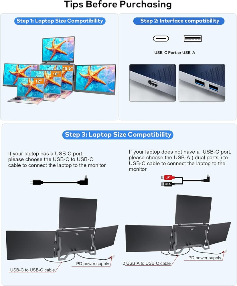 16" Triple Screen Portable Monitor for Laptop, FHD 1200P Laptop Screen Extender, 1 Cable for 3 Screens Quad Monitor, Extra Travel Computer Monitor for 12-18.5" Laptop, Fit for Win and Mac-S788 Pro