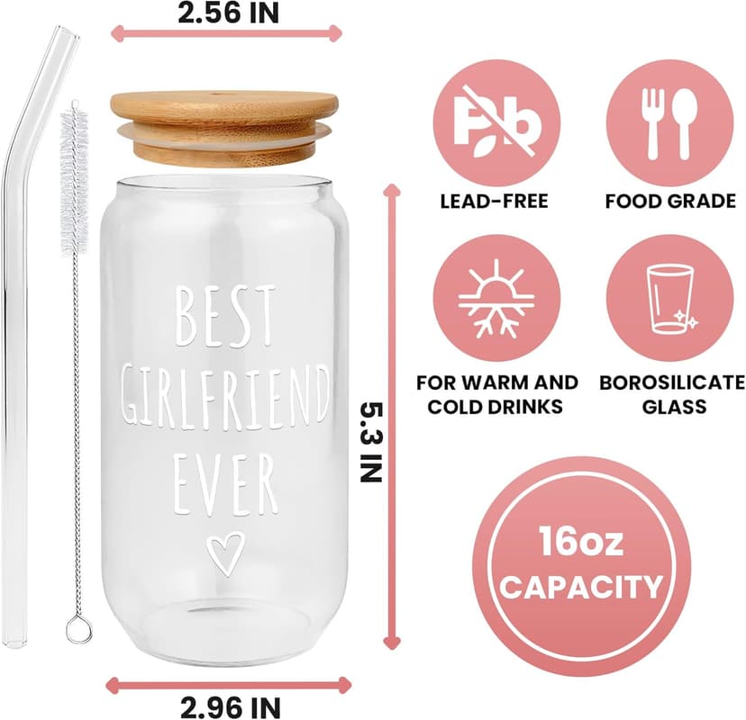 Gifts for Girlfriend - Girlfriend Gifts for Women - Anniversary, Valentines, Birthday Cup for Her - Romantic Love Glass for Her - 16 Oz Can Glass with Lid, Straw & Brush