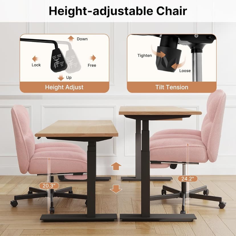 Criss Cross Office Chair with Foot Rest, Thick Cushioned Cross Legged Office Chair, Armless Wide Seat Reclining Desk Chair, Height Adjustable Criss Cross Chair for Home Office,Vanity, Pink