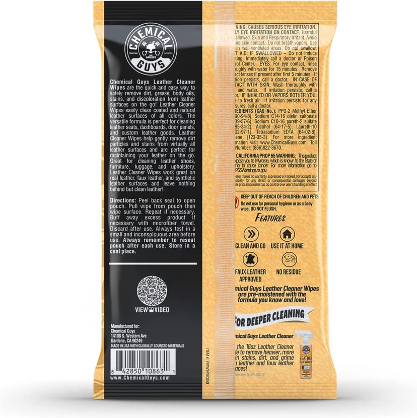 Chemical Guys Leather Cleaner Wipes Mega 50 Pack - Interior Leather Wipes for Cars, Natural, Synthetic, Faux & Pleather Surfaces, Safe for Cars, Trucks, Furniture, Boots & More, Convenient 50 Count