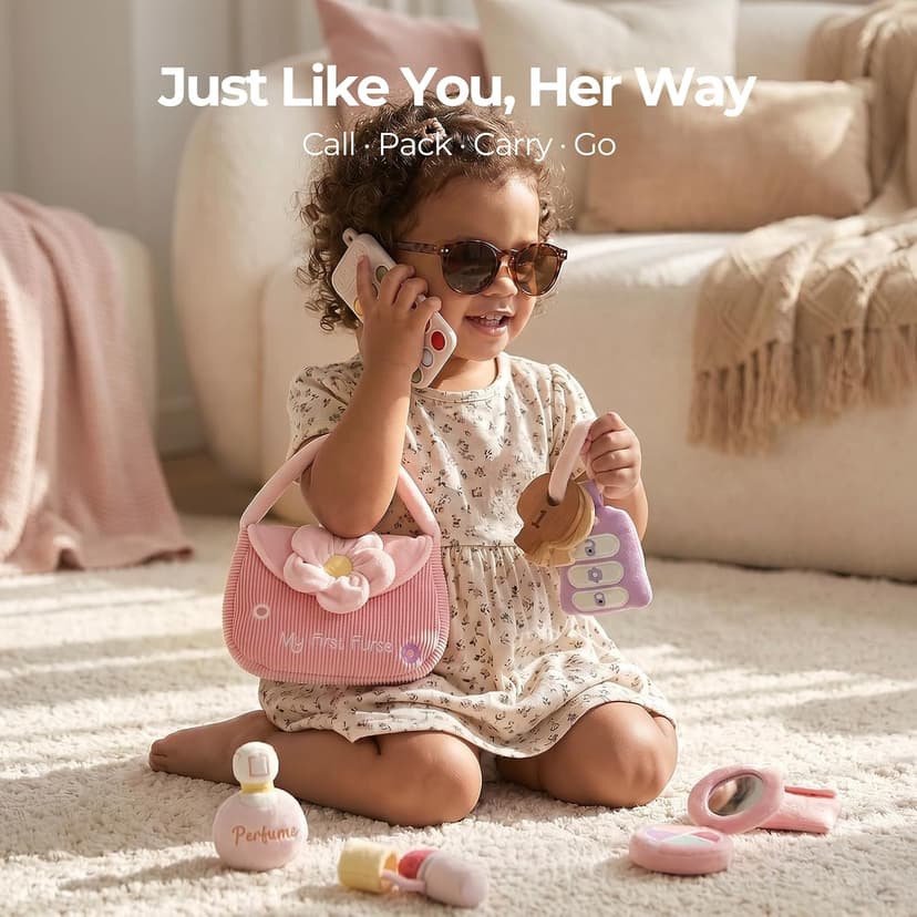 Teether Phone, Wooden Keys & Car Key, Soft Baby Purse with Mirror & Crinkle Card, Sensory Pretend Play, 1 Year Old Girl Gifts let's make My First Baby Purse, 10 Pcs Sensory Toy for Baby & Toddler Girls B0H151K19V