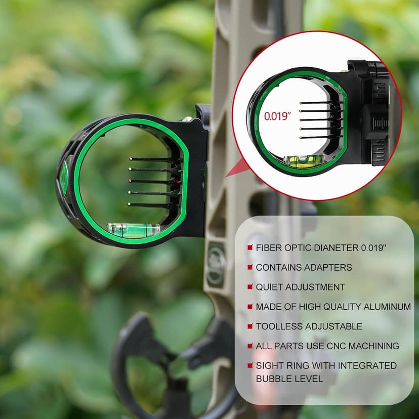 Archery 5-Pin Bow Sight - 0.019" Fiber, Brass Pin, Aluminum Machined - Right and Left Handed, with Hi-Vis Level for Archery, Hunting, Shooting
