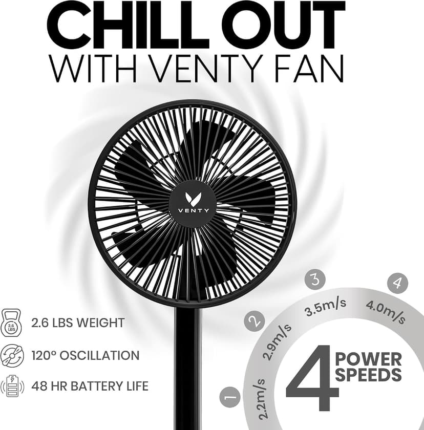 VENTY Portable Fan - Wireless Battery Operated Fan - 4 Speeds - LED Lighting - Carry Case & Remote Control - Cruise Travel - Outdoor Travel RV Power Bank With USB-C Port (Black with Case) B09PMQF5S9