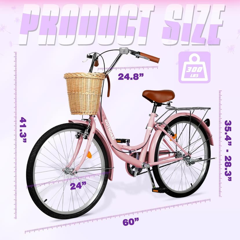 Beach Cruiser Bike for Adult, 24 & 26 Inch Comfort Bikes with Rattan Front Basket, Womens Bicycle with Adjustable Seat and Dual V-Brake (Pink & White & Green & Purple & Black)
