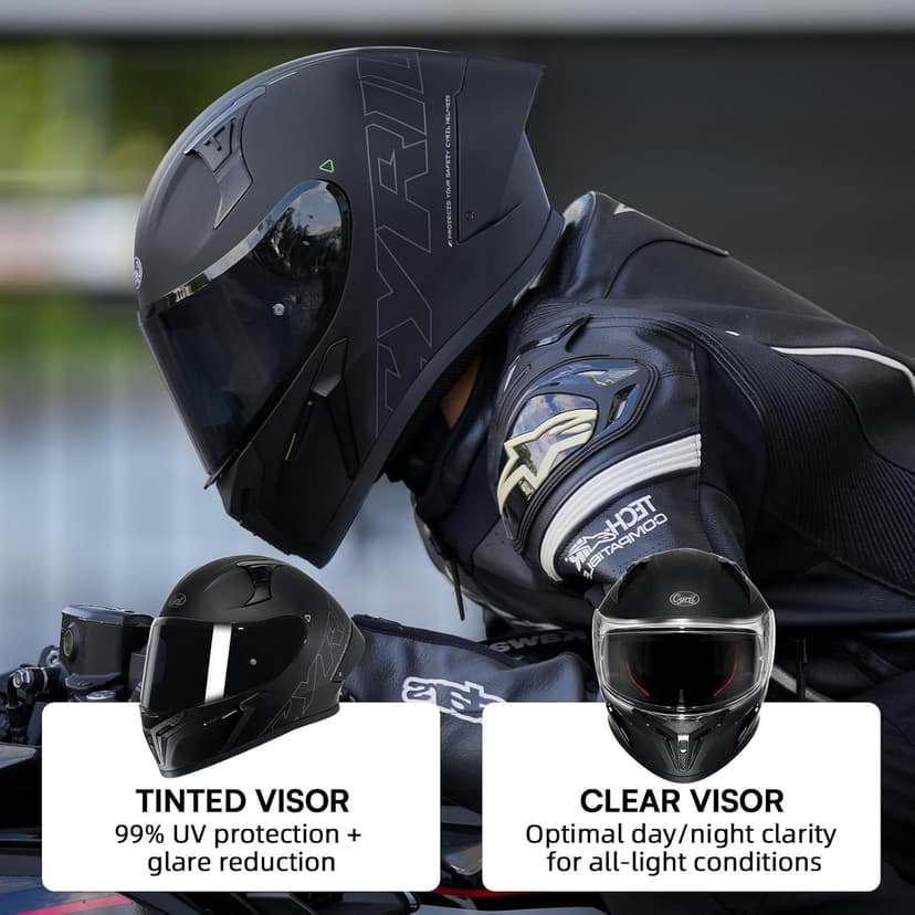 CYRIL Full Face Motorcycle Helmet DOT Approved for Adults Men Women, Motorbike Street Bike Racing Helmet with Tinted & Extra Clear Tool-Free Swappable Visors, Includes Storage Bag