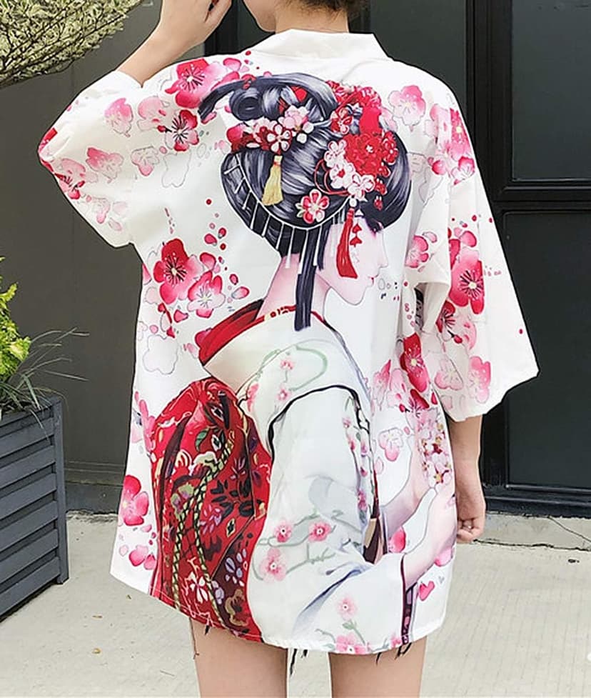 LAI MENG FIVE CATS Women's Floral Print Puff Sleeve Loose Blouse Japanese Kimono Cover up Casual Cute Tops