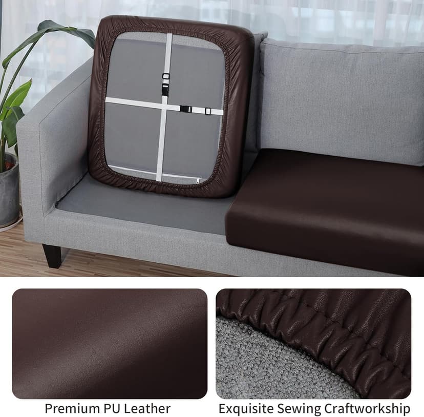 Fuloon Faux Leather Couch Cushion Slipcover, Waterproof Stretch Covers for Sofa, RV Chair Seat Cover, Individual Loveseat Couch Cushion Replacement, PU Leather Sofa Slipcovers(3 Pack, Brown)