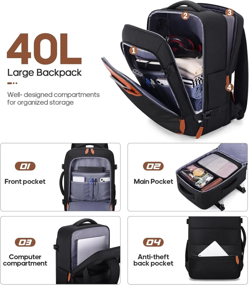 UKEIN Luggage Sets 3 Piece, Carry On Luggage 20In With Spinner Wheels,PC Hardside Suitcase Set with TSA Lock,Durable Carry On Suitcase With Travel Backpack for Men (Black, 3 piece set (20inch))