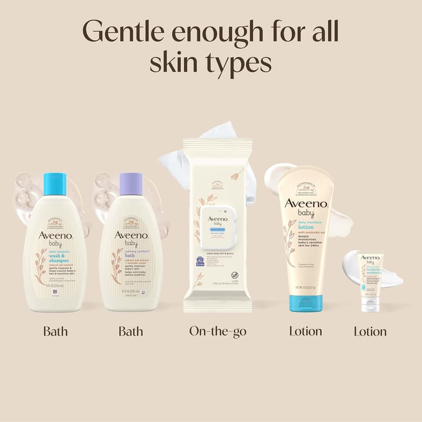 Daily Moisture Baby Body Wash and Shampoo, Calming Comfort Bath, Sensitive All Over Wipes, Moisturizing Lotion, Baby Balm Aveeno Baby Welcome Little One Gift Set, Baby Essentials Set, 5 Items B0B3SCY69X
