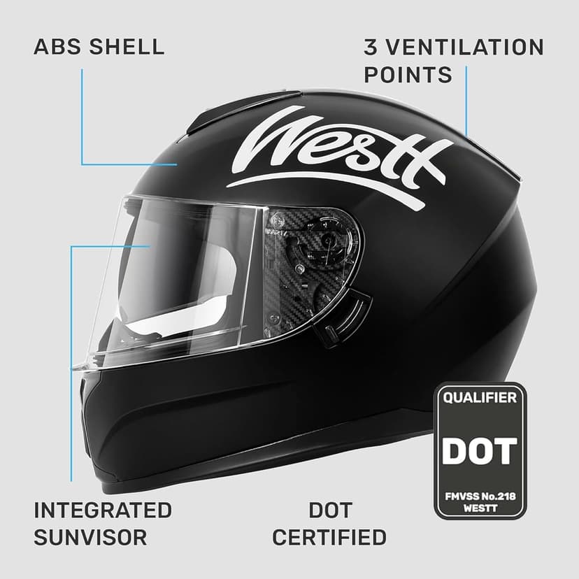 Westt Motorcycle Helmets Full Face Helmets - Street Bike Helmet with Dual Visor DOT Approved for Men Women Adults Compact Lightweight Storm X Grey Black White (Black, L (23.23-23.62 in))