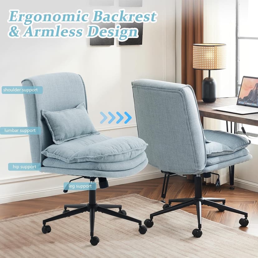 VINGLI Cloud Criss Cross Legged Chair,18" High Back Armless Home Office Desk Chair with Wheels,Wide Adjustable Comfy Padded Seat Task Computer Chair,Modern Swivel Makeup Vanity Chair,Fabric,Blue