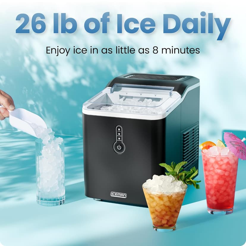 Iceman by Chefman Nugget Ice Maker Countertop, Pebble Ice Maker Machine, 26 lb in 24 Hours, Ready in 6 Minutes, Removable Ice Basket, Fun and Chewable Cubes, 1.5L Water Tank, Self-Cleaning Function