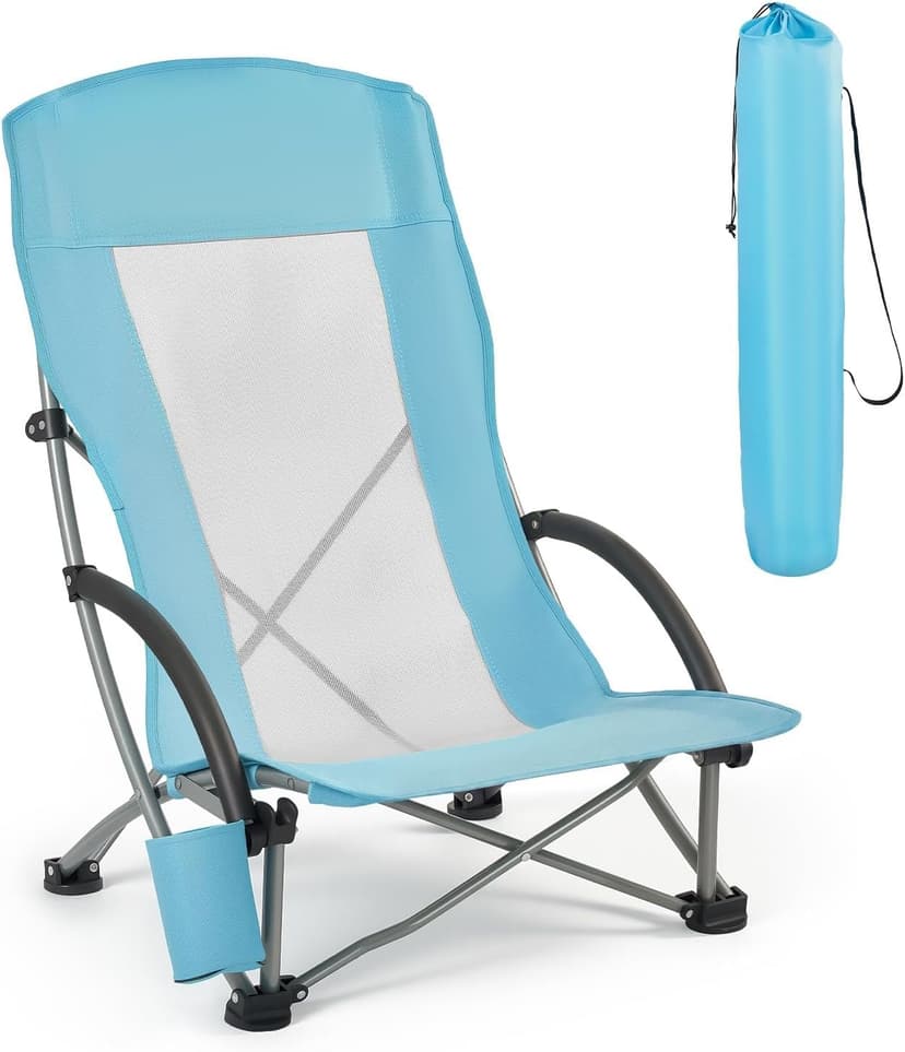 VEVOR Folding Beach Chair, High Back Camping Chairs for Adults, with Cup Pocket, Mesh Back, Carry Bag, Portable Extra Wide Seat Chair 330 lbs Heavy Duty Support, for Outdoor, Camp, Light Blue