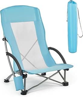VEVOR Folding Beach Chair, High Back Camping Chairs for Adults, with Cup Pocket, Mesh Back, Carry Bag, Portable Extra Wide Seat Chair 330 lbs Heavy Duty Support, for Outdoor, Camp, Light Blue