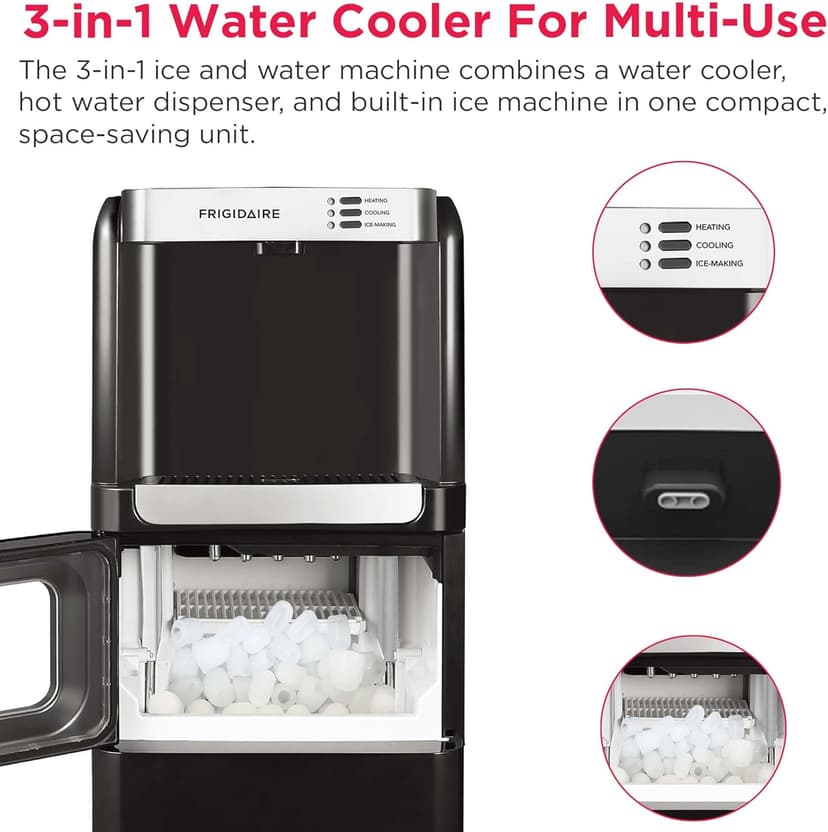 Frigidaire 3-in-1 Hot or Cold Top-Load Water Cooler Dispenser, 5 Gal Bottle, Built-in Bullet Ice Maker, Compact, Black