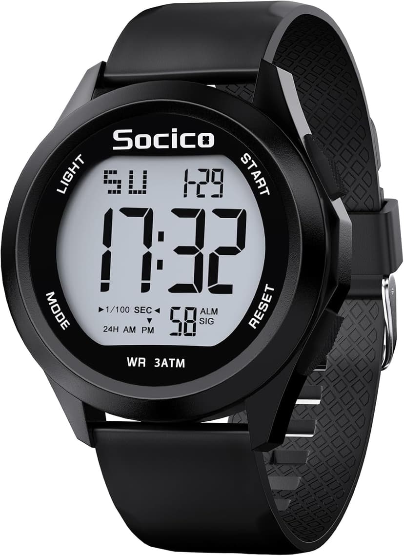 SOCICO Mens Digital Watch Sports Waterproof Outdoor Large Face Military Watches with Stopwatch Back Light Alarm Date Display