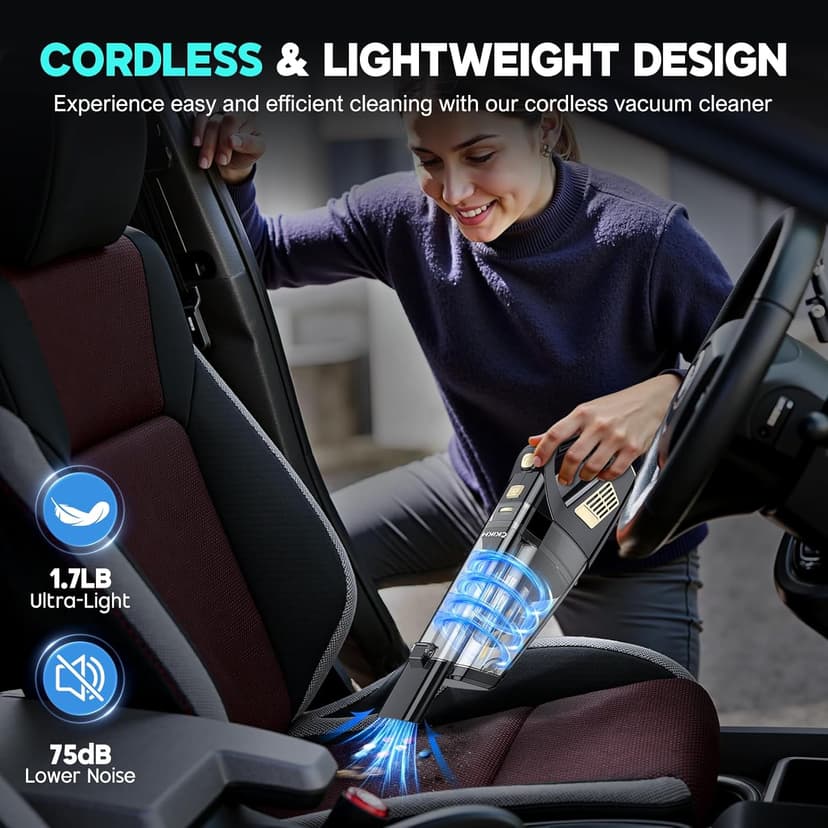 CKIKH Handheld Vacuum Cordless, 15000PA Strong Suction Hand Held Car Vacuum Cleaner Portable with Multi-Nozzles & Washable Filter, Lightweight Dust Busters Rechargeable for Home, Car, Office, Pets