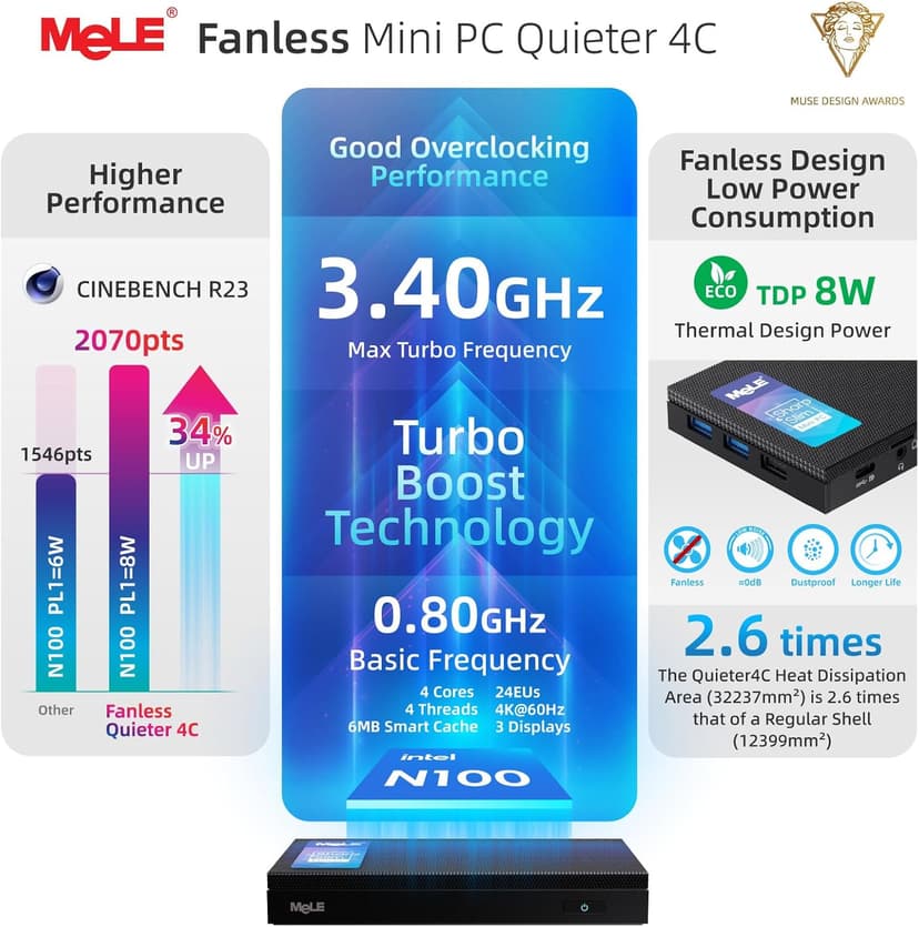 MeLE Fanless Mini PC Quieter 4C, N100 16GB RAM 512GB Storage Win 11 Mini Computers, Micro PC with Full-Functional USB-C, 2.4G/5G WiFi, 4K Triple Screen on Home, Office, Education, Astrophotography