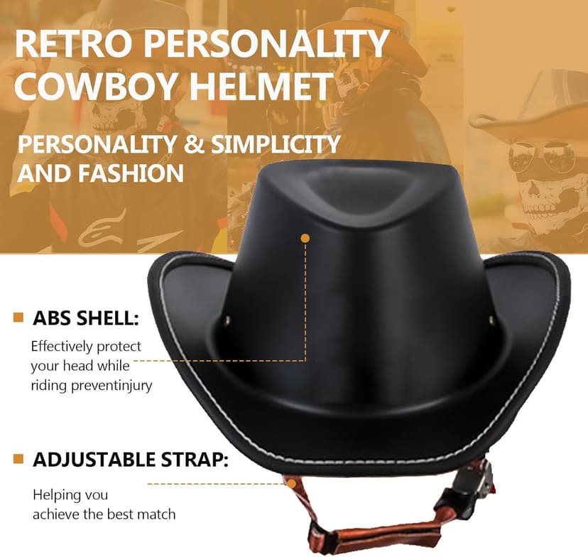 Retro Motorcycle Half Helmet, Western Cowboy Hat Helmet Open Face Motorcycle Helmet DOT Approved Unisex-Adult Half Helmet with Quick Release Buckle and Lining for Mopeds Horse Riding Jazz Caps