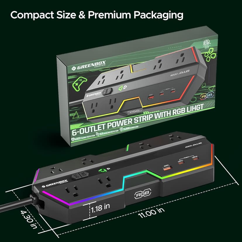 4000J Surge Protector Power Strip with USB Ports, 6 Outlet Power Strip with RGB Lights and PD 20W Fast Charging, Wide-Spaced Outlet Perfect for e-Sports, Game PC, Home and Offices