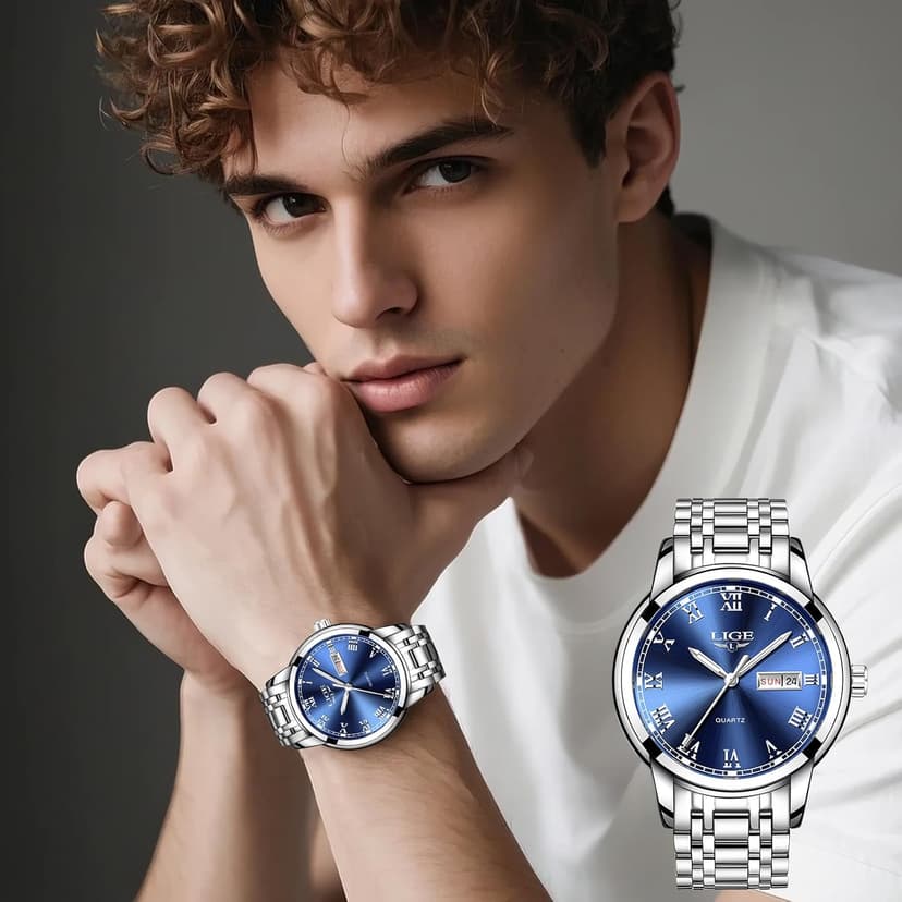 LIGE Mens Watch, Analog Men's Wrist Watches, Stainless Steel Style, Quartz Movement Calendar Function, 3ATM Waterproof, Clear Luminous Display, Business Social Matching