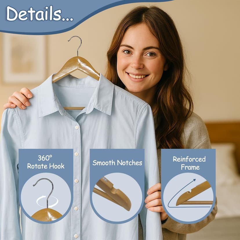 King Mills 19 Inch Plus Size Hangers, Extra Wide Hangers for Plus Size Clothes, Ganchos para Colgar Ropa, Ideal for XL, XXL Shirts, Coats, Dresses, Etc. Wood. Natural 20pk