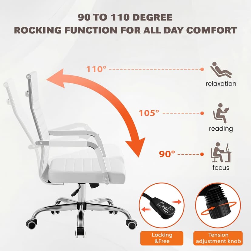 Furmax Ergonomic Office Desk Chair, Executive Ribbed Mid-Back PU Leather Conference Room Chair Adjustable Swivel Chair with Arms (1, White)