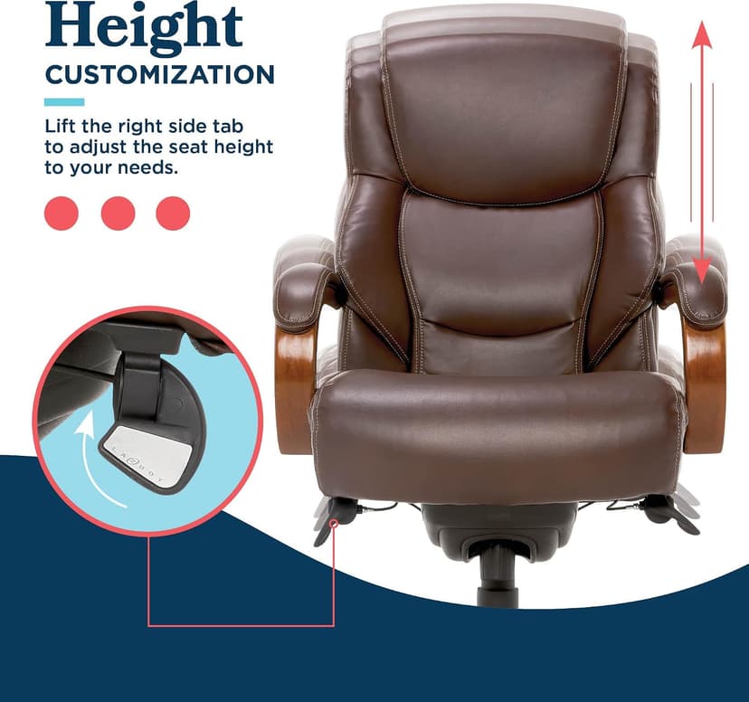 La-Z-Boy Delano Big and Tall Executive Office Chair - Ergonomic Lumbar Support Memory Foam - Bonded Leather Desk Chair for Home Office - Mahogany Wood Arms - Chestnut Brown