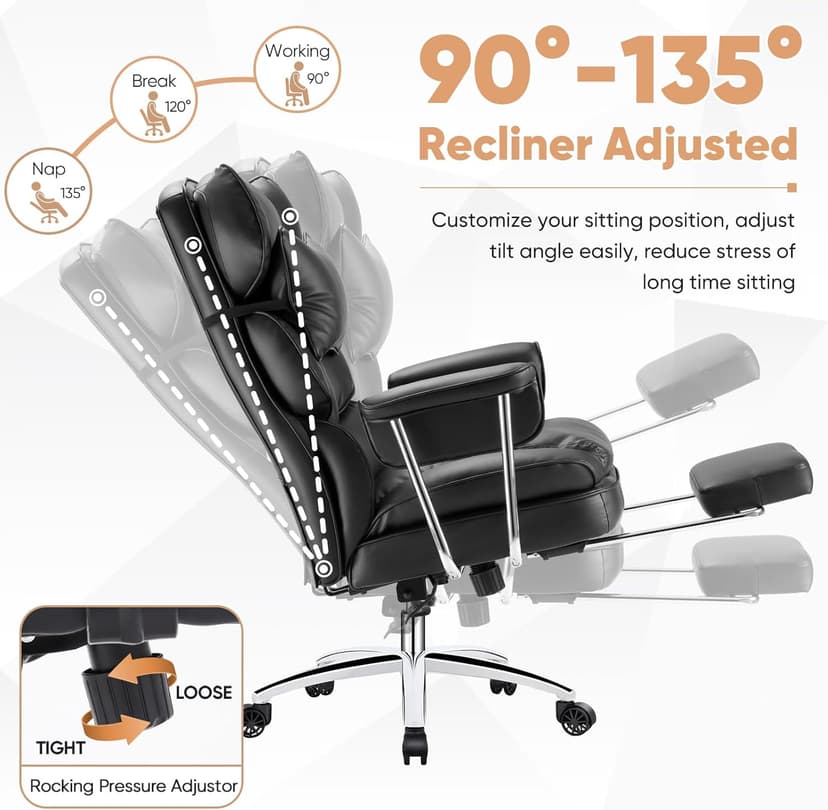 Sweetcrispy Executive Home Office Desk Chair - Ergonomic Big Tall High Back with Footrest & Lumbar Support, Reclining Height Adjustable, Comfy PU Leather Computer Gaming with Swivel Wheels, Black