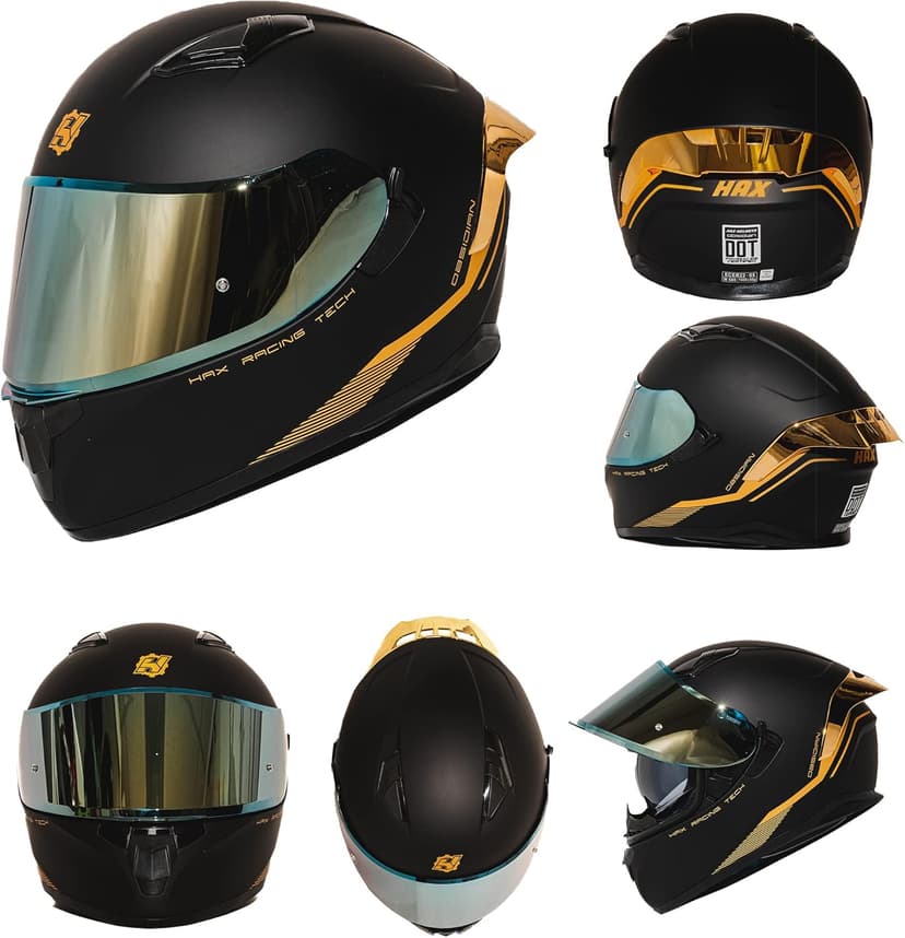 HAX Obsidian Full Face Dual Visor Adult Motorcycle Helmet for Motorbike Street Bike with Pinlock Ready DOT Approved Matte Black Gold L