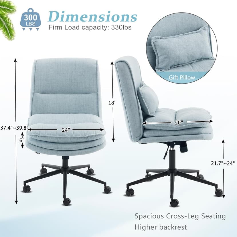 VINGLI Cloud Criss Cross Legged Chair,18" High Back Armless Home Office Desk Chair with Wheels,Wide Adjustable Comfy Padded Seat Task Computer Chair,Modern Swivel Makeup Vanity Chair,Fabric,Blue