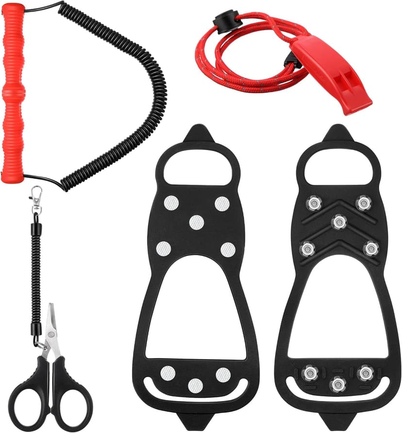 Gulfmew Ice Fishing Safety Kit, Durable Emergency Gear with Compact Ice Picks, One Pair of 8 Tooth Creepers for Boots, Whistle with Reflective Strips and Spring Line Cutting Scissors