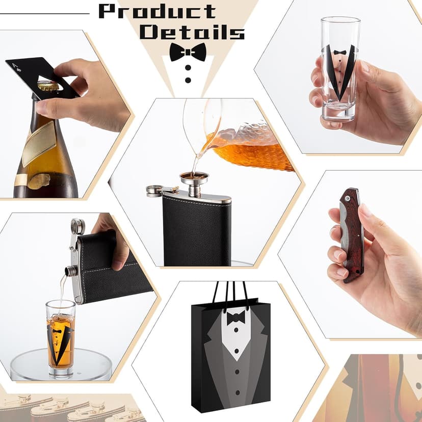 Tioncy 48 Pcs Groomsmen Proposal Gift 8 Engraved Pocket Knife 8 Groomsmen Gift Bags 8 Shot Glasses with Tuxedos 8 Stainless Steel Hip Flask 8 Poker Card Bottle Opener 8 Sunglasses