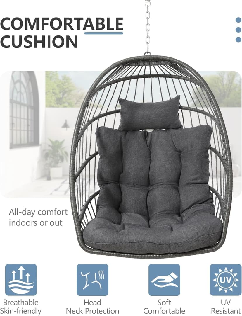 SWITTE Egg Chair Outdoor with Stand, Indoor Wicker Hanging Egg Swing Chair with Cushion, 350lbs Capacity for Patio, Bedroom, Garden - Dark Grey