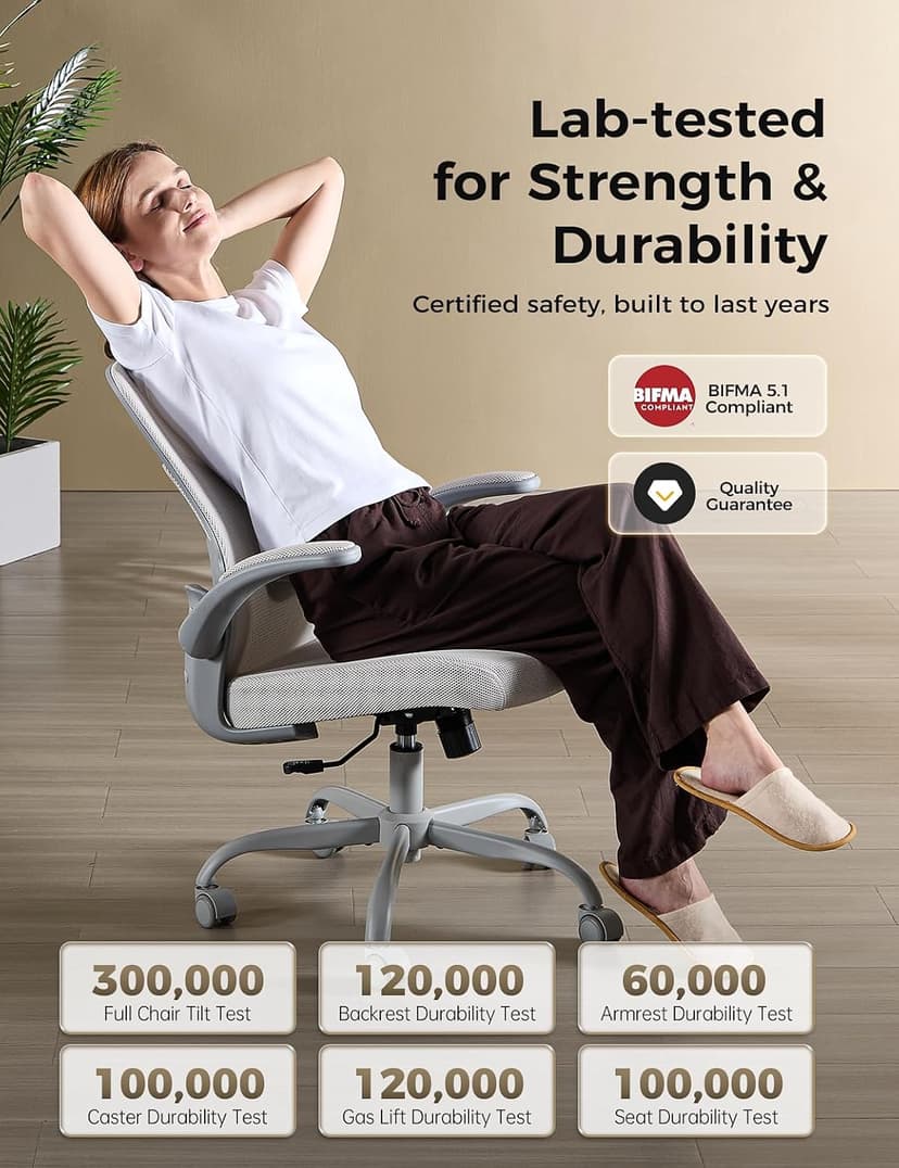 Office Chair, Mesh Ergonomic Desk Chairs, Comfy Computer Gaming Chair with Adjustable Height & Flip-up Armrest, Lumbar Support & Swivel Function for Home Office (Gray)