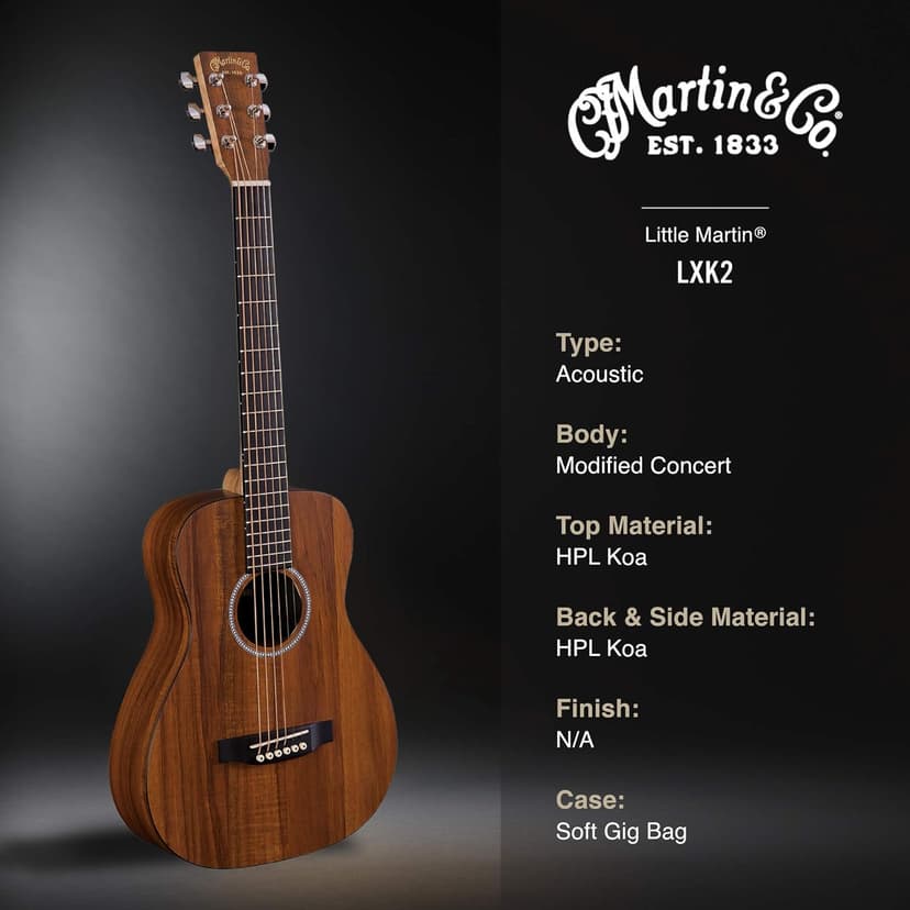 Little Martin LXK2 Acoustic Guitar with Gig Bag, Koa and Sitka Spruce HPL Construction, Modified 0-14 Fret, Modified Low Oval Neck Shape Dark Natural