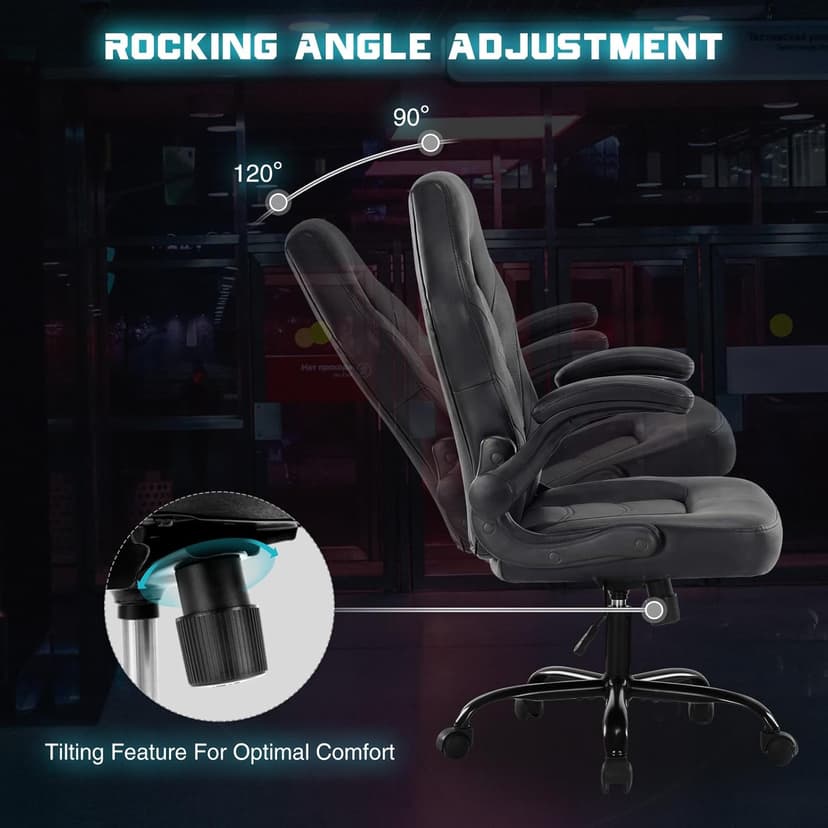 Sweetcrispy Computer Gaming Desk Chair - Big Tall Ergonomic Lumbar Support with Flip-up Armrest and 360° Swivel Wheels, PU Leather Height Adjustable, for Home and Office, Black