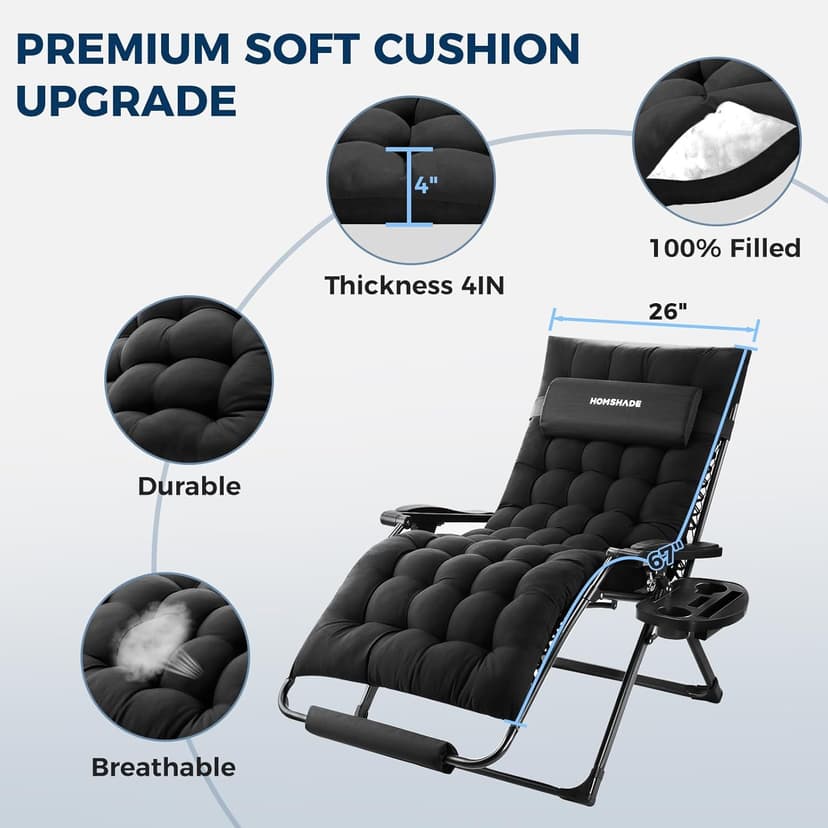 HOMSHADE Oversized Zero Gravity Chair, 33In XXL Outdoor Recliner Chair w/Removable Cushion&Headrest, Reclining Patio Chairs for Indoor, Camping Lounge Chair with Footrest, Support 500LBS, Black