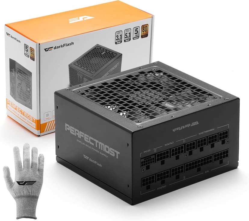 darkFlash PMT850 Fully Modular Power Supply ATX 3.1& PCIe 5.1 Ready, 2 x 12VHPWR Cable Included, 100% Japanese 105°C Capacitors, 80 Plus Gold Gaming PSU, Compact 150mm Size, 5 Year Warranty(Black)