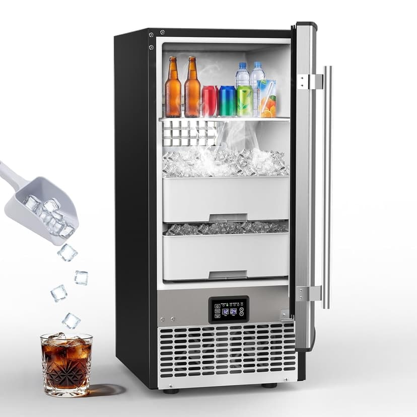 SOZT® Under Counter Ice Maker with Refrigerator Function, 120LBS/24H Commercial Ice Machine, No-Melt Ice Storage, 24H Timer & Self-Cleaning, Built-in/Freestanding for Home Bar Cafe Restaurant