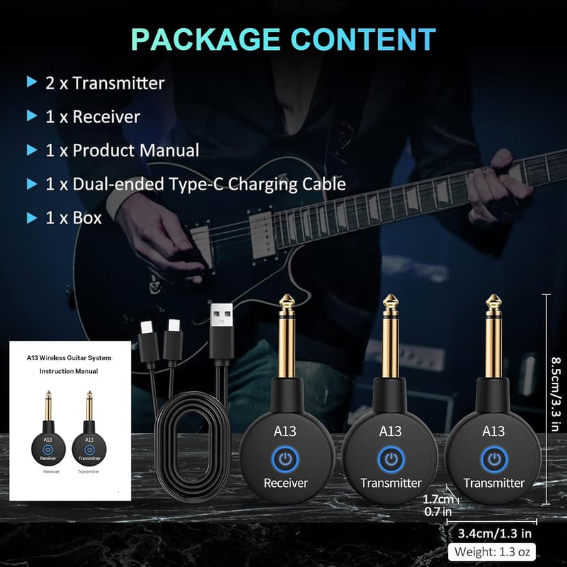 A13 Wireless Guitar Transmitters Receivers, Wireless Guitar/Bass/Keyboard System, 2.4GHz Guitar Accessories, No Latency, 100ft Range, Rechargeable 5-Hour Battery, Plug & Play (2TX+1RX)