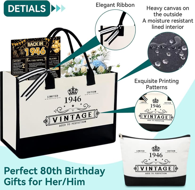 80th Birthday Gifts for Women Her- 4 pcs, Turning 80 Year Old Gifts, Decorations Canvas Beach Tote Bag & Makeup Bag, Unique Happy 80th Birthday gifts for Her Mom Wife Friends